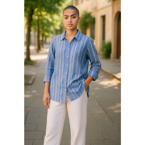 Susan Graver Linen blend Button Down Blue and White Striped Shirt‎ L - Picture 1 of 7
